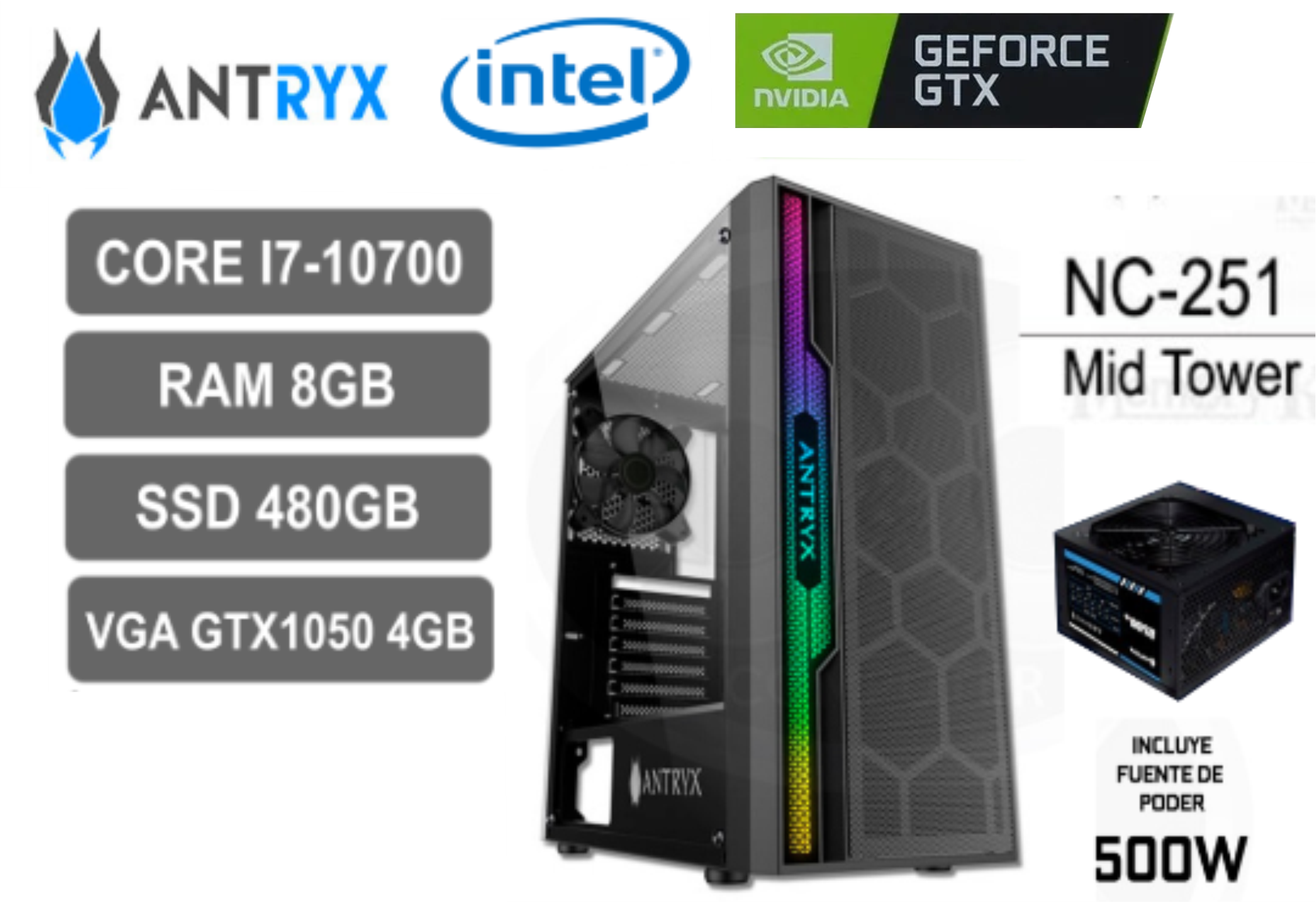 CPU ANTRIX INTEL CORE  i7-10700 , RAM 8GB DDR4, DISCO SOLIDO SSD 480GB, VGA GEFORCE GTX 1050 4GB DDR5,FUENTE DE PODER 500 WATT